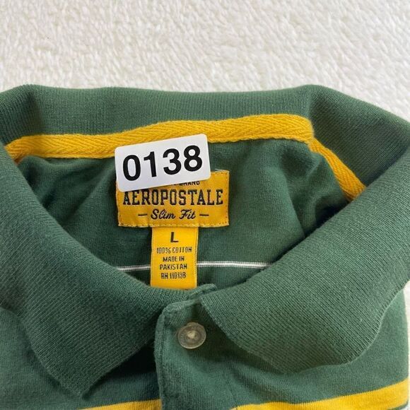 Large Aeropostale Slim Fit Green Polo Long Sleeve Yellow Striped - Picture 11 of 11